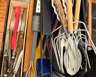 Assorted Kitchen Utensils and Stag Handle Steak Knives Set