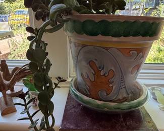 Hand-Painted Ceramic Planter with Saucer - Mediterranean Style