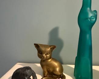 Vintage Brass Cat Figurine and Teal Cat-Shaped Glass Bottle