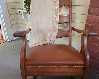 Gustav Stickley Oak Arts and Crafts Rocking Chair with Leather Seat