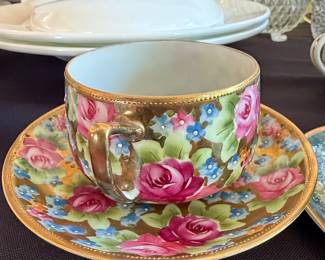 Hand-Painted Nippon Porcelain Teacup and Saucer with Roses