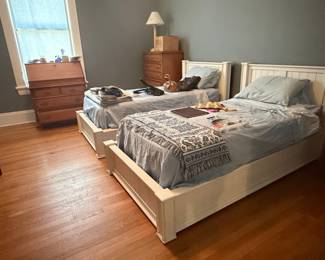 White Wooden Twin Beds with Blue Bedding