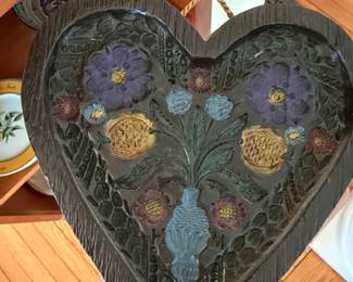 Vintage Carved Wooden Heart Plaque with Floral Motif