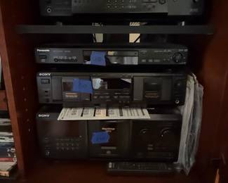 Sony STR-DE135 Audio/Video Control Center, Panasonic DVD-RV32/DVD-RV27/DVD-RV22 DVD/CD Player, Sony TC-WR661 Cassette Deck, and Sony CDP-CX300 Mega Storage System