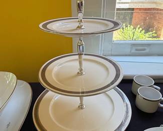 Three-Tiered Porcelain Cake Stand with Silver Trim