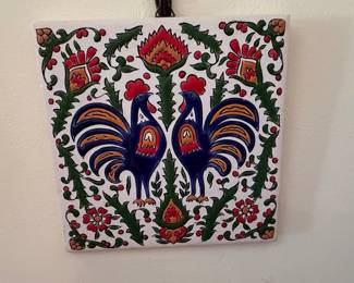 Vintage Greek Ceramic Tile with Roosters and Floral Motifs