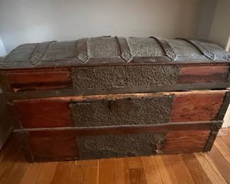 Antique Steamer Trunk with Embossed Tin Panels