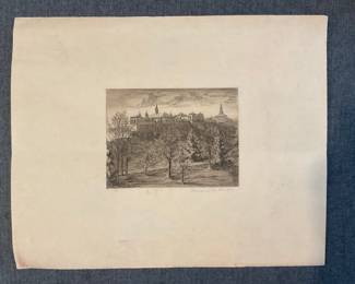 Margaret Wright Antique Etching of Wellesley College 