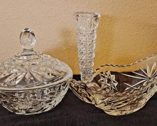 VTG 6  Crystal Vase, Glass Boat Dish  Lidded Glass Candy Dish
