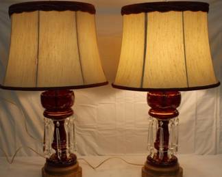 34" tall Cranberry Luster Converted Lamps w/ gold trim w/ 7.5" long prisms & vintage shades