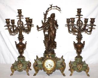 3pc Art Nouveau Garniture Clock Set with bronze figure and candelabra on marble, tallest 25" , sculpture Chat D'Oiseaux by Aug. Moreau, ca 1878 Japy movement