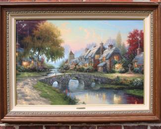 Thomas Kinkade Cobblestone Bridge Print on Canvas size 28" x 42", Cobblestone Lane IV, with COA,  number 54 of 2950 Limited Editions, Frame size is 39" X 53"