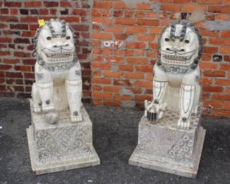 A Pair Monumental Ivory & Bone 41" Foo Dogs some missing blocks