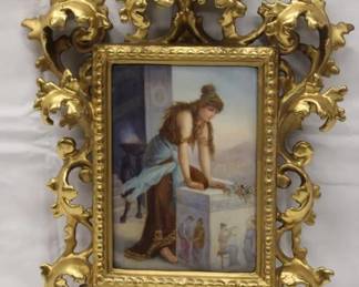 French hand painted Plaque of a lovely lady in an ornate gilt frame "Attentibe After D. Boomans" 14" x 11" some cracks, repairs