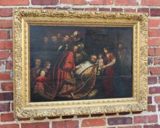 Adoration of the Magi ca 16th or 17th century Oil on Board with a wooden grid