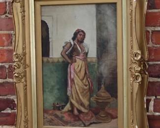19th Century Oil on Canvas "Persian Women Standing on Rug" signed JW Brown 32" x 24"