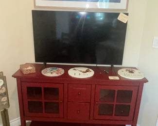 RED PAINTED SIDEBOARD & ANOTHER VIZIO TV
