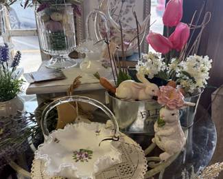 glass basket, bunny figurine, vases