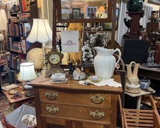 Antique Solid Wood Sawn Oak Washstand with Swivel Mirror and Towel Bar