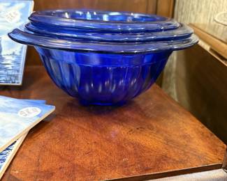 Vintage Hazel Atlas Cobalt Blue Ribbed Mixing Bowls, set of three 