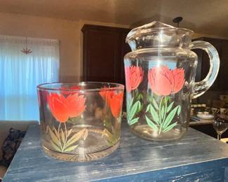 VINTAGE ANCHOR HOCKING RED TULIP PITCHER & ICE BOWL - TUMBLERS ALSO!