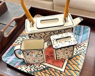 Memphis Style Ceramic Tea Set with Tray and Bamboo Handle – Hand-Painted Geometric Pattern Teapot, Creamer & Sugar