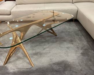 Mid-Century Modern Glass Coffee Table with Sculptural Gold Metal Base.