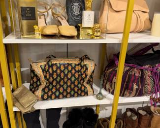 Designer Handbags, Shoes and Accessories Display – Luxury Fashion Collection Including Perfume and Leather Bags
