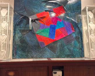 A monumental contemporary abstract painting featuring vibrant geometric color-blocking and dimensional sculptural relief elements.