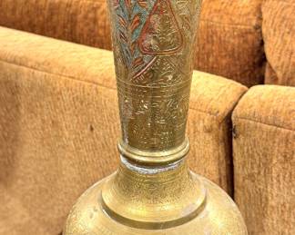 Antique Indo-Persian Engraved Brass Floor Vase – Tall Hand-Chased Decorative Metal Urn with Floral & Geometric Motifs
