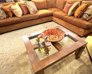 Modern Wood and Glass Coffee Table – Contemporary Square Cocktail Table with Inset Glass Panels