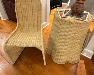 Vintage Woven Wicker Accent Chair and Matching Side Table – Coastal Natural Fiber Furniture Set