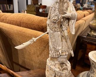 Carved Asian Warrior Statue with Sword – Decorative Oriental Figurative Sculpture