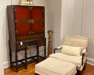 Antique Asian Red Lacquer Cabinet on Barley Twist Stand – Chinoiserie Storage Cabinet with Brass Hardware