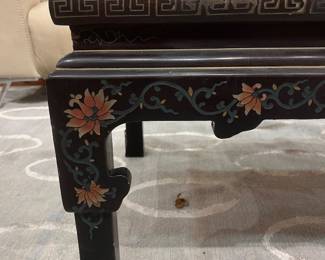 Hand-Painted Floral and Scroll Detail on Vintage Chinoiserie Lacquer Coffee Table Leg.