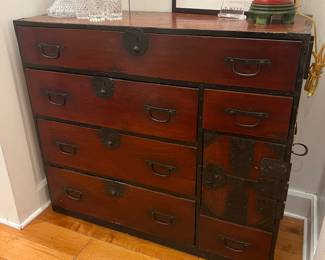 Antique Japanese Tansu Chest – Red Lacquer Style Cabinet with Iron Hardware and Drawers.