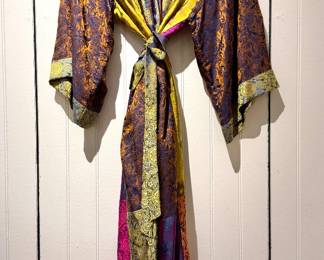 Silk Brocade Kimono Style Robe – Colorful Asian Inspired Boho Lounge Wrap