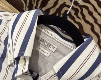 Brunello Cucinelli men’s striped slim-fit button-down shirt in white and blue.