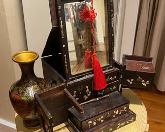 Antique Asian Jewelry Box with Mirror and Drawers – Hand Carved Wooden Vanity Storage Chest.