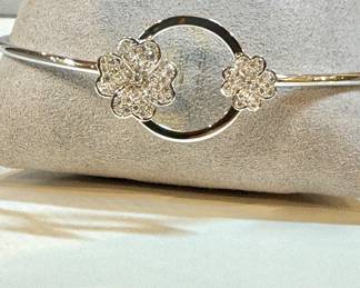 Diamond Floral Bangle Bracelet – Delicate Pavé Diamond Flower Open Circle Bracelet