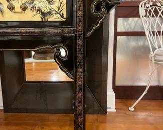 Vintage Chinoiserie Black Lacquer Console Table with Hand-Painted Floral Drawer and Gold Gilt Details.