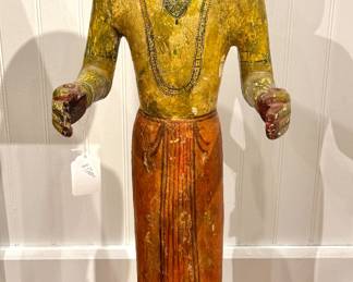 Antique Hand-Carved Polychrome Wooden Temple Guardian Figure with Turban – Southeast Asian Folk Art Statue