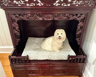 Hand Carved Chinese Wooden Dog Bed / Pet Daybed with Floral Motif
