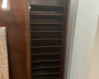 Interior view of media cabinet with adjustable shelving and CD/DVD storage compartments.