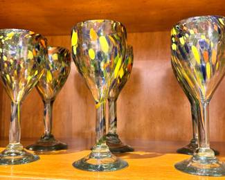 A set of hand-blown art glass goblets with multicolor confetti (spatter) decoration, in the style of Murano studio glass such as Fratelli Toso, likely circa 1960s–1980s.