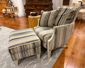 Vintage Striped Upholstered Lounge Chair with Matching Ottoman in Coastal Neutral Tones.