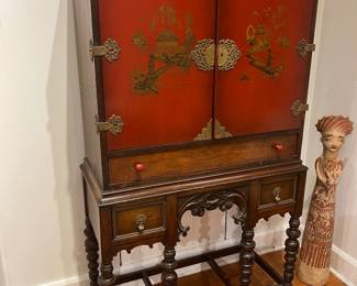 Vintage Asian-Inspired Red Lacquer Cabinet on Carved Barley Twist Stand.