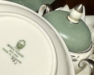 Vintage Wedgwood China Dinnerware Set – Sage Green & White Porcelain Plates and Teapot, Made in England