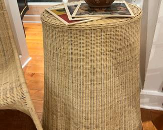 Vintage Wicker Drum Side Table – Coastal Boho Rattan Accent End Table.
