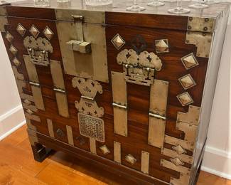 Antique Campaign Chest / Storage Trunk with Brass Hardware and Decorative Studding.